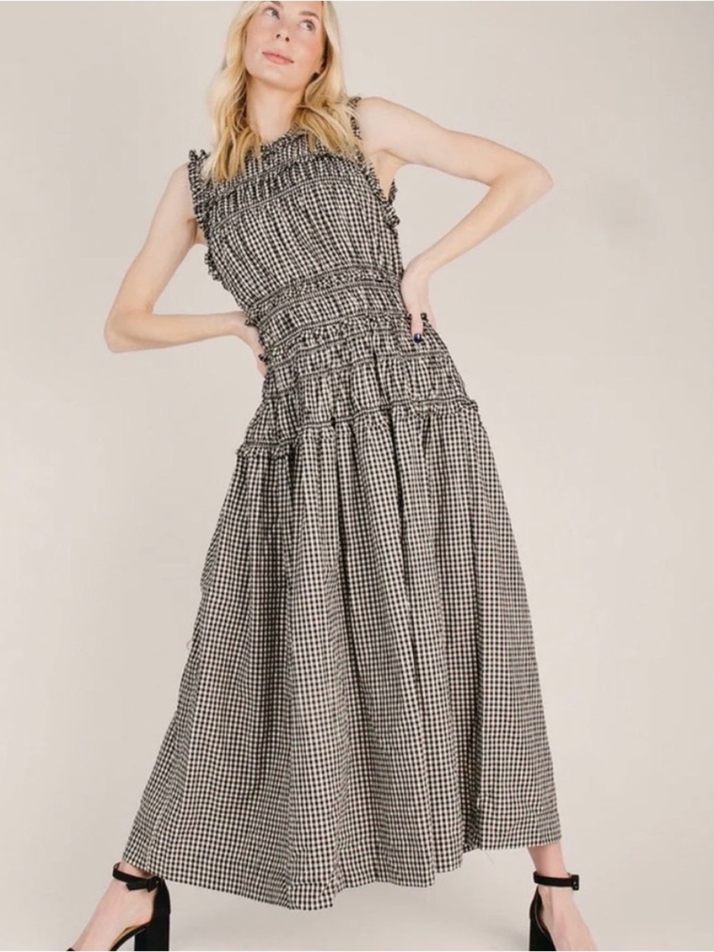 Caroline Constas Black and White Gingham Ruffle Maxi Dress